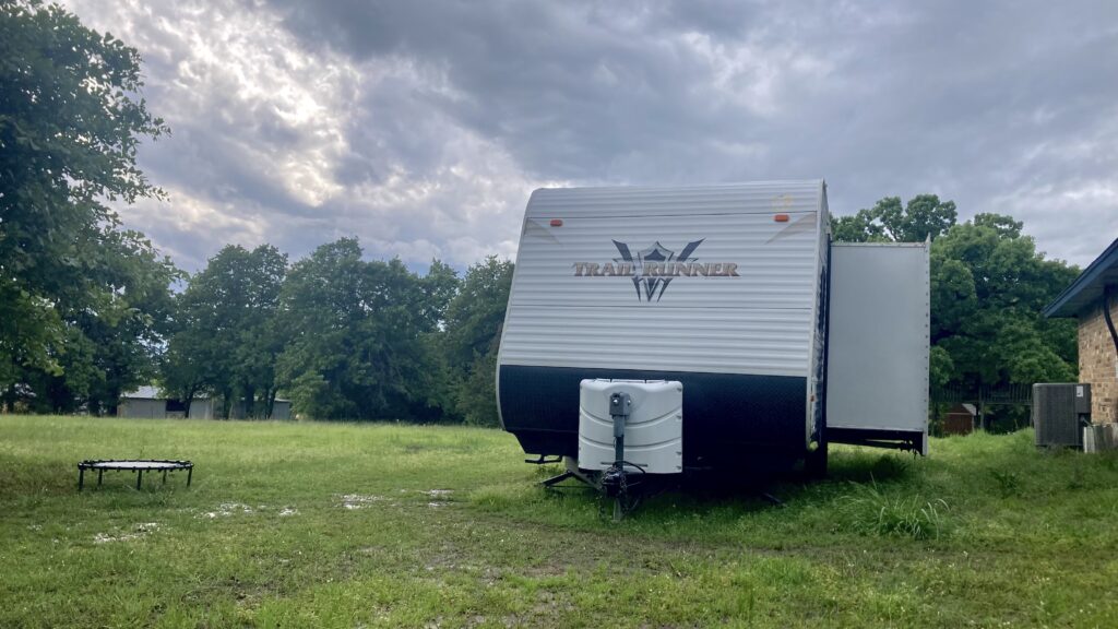 Our RV right after a big storm while RVing during tornado season