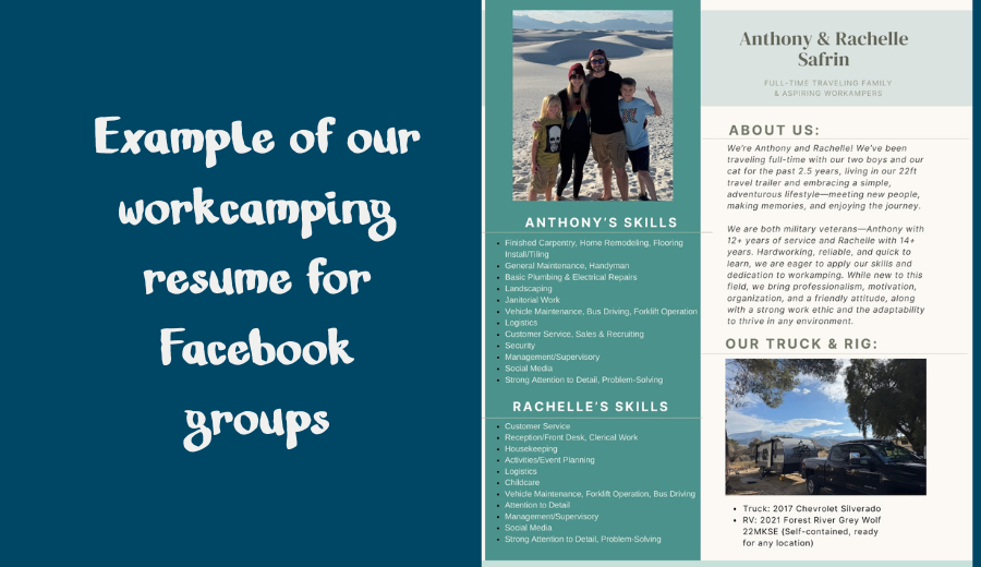 Our example of our workcamping resume for Facebook groups