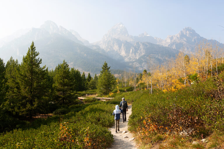 family hiking in grand teton national park in a crowd free trail