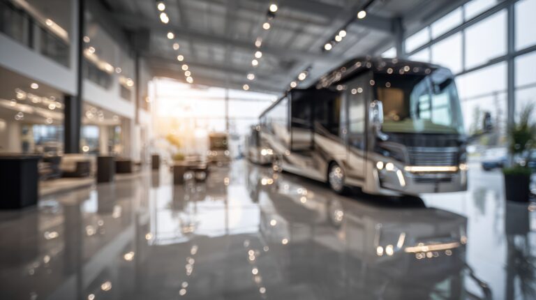 Shot capturing a luxury RV display centered in sharp focus against a softly blurred background of expansive dealership space reflecting sophistication and modern design.