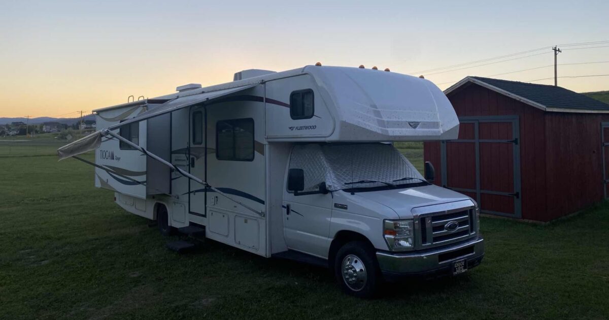 Our motorhome parked in a beautilful field in Montana, one of the best places to go RVing in 2026