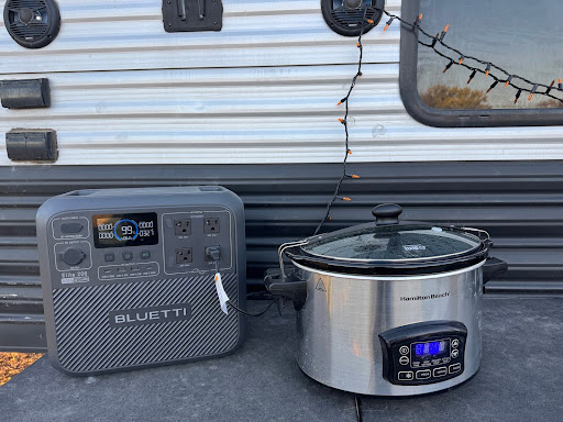 Bluetti Elite 200 V2 outside in use powering a Corckpot.
