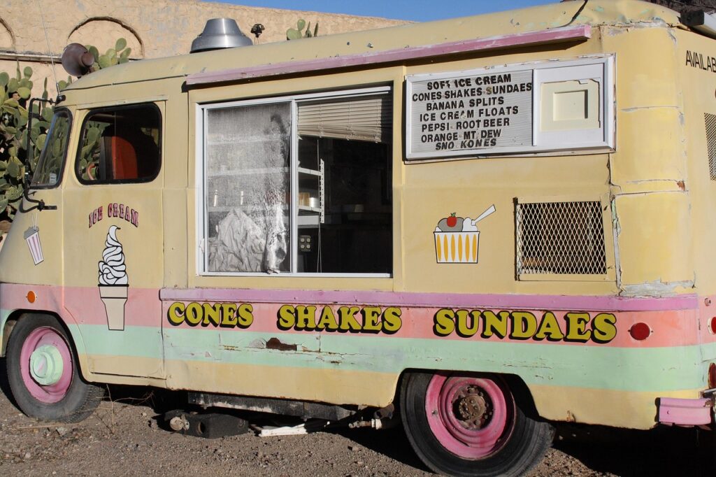 A vintage ice cream truck along Route 66 in the hidden gem town of Oatman, Arizona