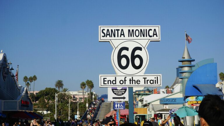 The famous End of the Trail sign where Route 66 ends in Santa Monica -- a great place to start or end a one-way Route 66 road trip