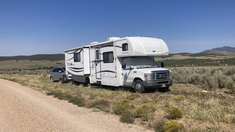 our RV parked in a boondocking spot while full-time RV living