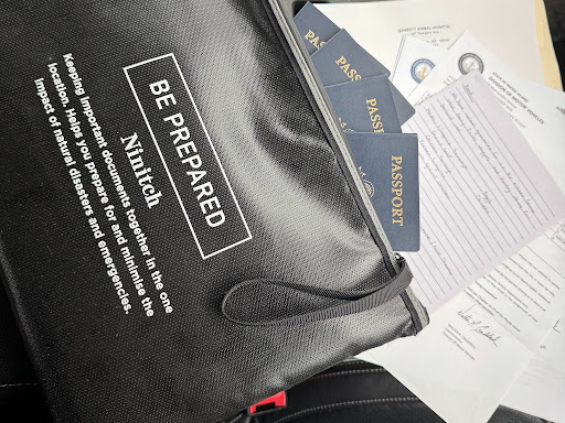 Fireproof document bag with important documents for crossing the border