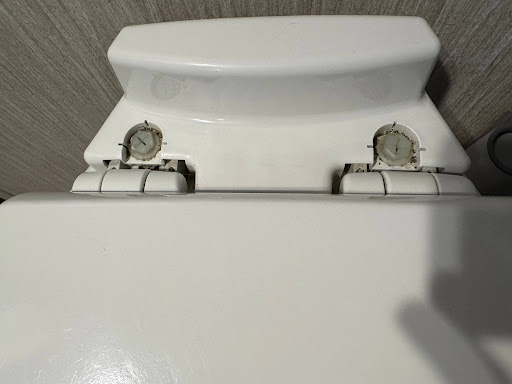Exposed hinge area that collects dirt and debris on the toilet