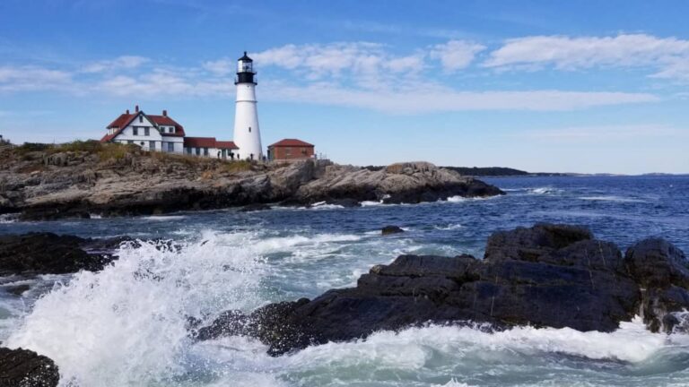 a lighthouse in Maine, one of many sights on a Portland to Acadia National Park road trip